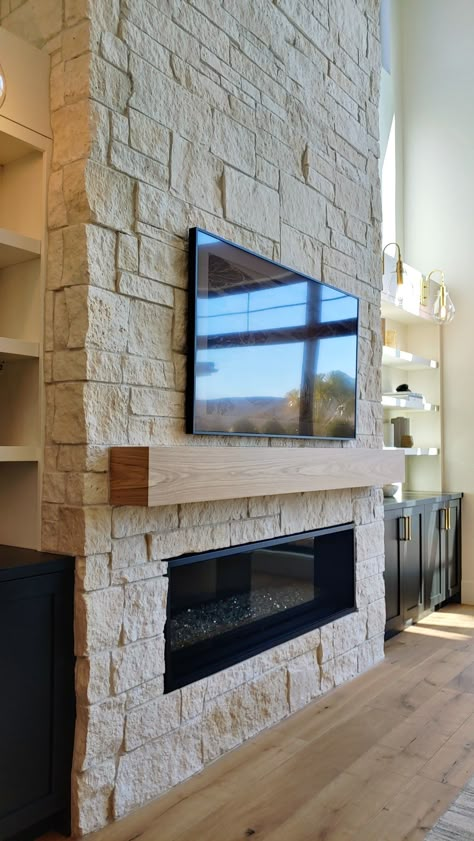 Stone Fireplace With Linear Fireplace, Modern Fireplace Ideas With Tv Stone, White Fireplace Stacked Stone, Built Out Fireplace Wall Stone, Diy Stone Fireplace Tv Wall, Stone Fireplace With Electric Fireplace, Stone Fireplace Floor To Ceiling Modern, Partial Stone Fireplace, Electric Fireplace Stone Surround