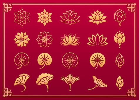 Chinese Patterns Flower, Chinese Art Motifs, Lotus Pattern Illustration, Chinese Lotus Drawing, Chinese Flower Illustration, Asian Flower Art, Asian Ornaments, Lotus Flower Leaves, Chinese Flower Pattern