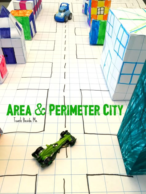 Cool STEM architecture project with this geometry (area, perimeter, volume) city  via @karyntripp Volume City, Geometry Projects, Area Perimeter, Maths Area, Steam Projects, Math Activities For Kids, Math Stem, Math Measurement, Area And Perimeter