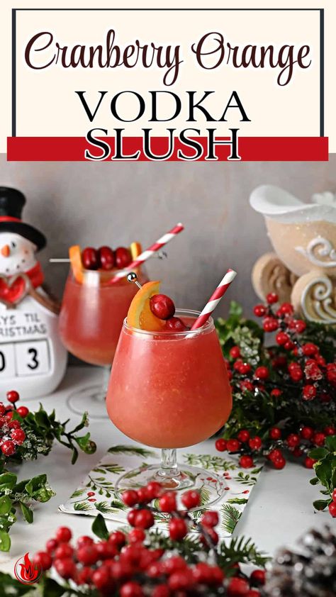 Cranberry Orange Vodka Slush! Vibrant, zesty, and oh-so-easy to make. Your taste buds are in for a delightful treat. Christmas Cranberry Vodka Slush, Frozen Vodka Slush Recipes, Slushy Alcohol Drinks Christmas, Thanksgiving Slush Drink, Red Berry Vodka Drink Recipes, Cranberry Vodka Slush Recipe, Cranberry Vodka Slush, Sparkling Cranberry Vodka Punch, Christmas Slush Alcohol