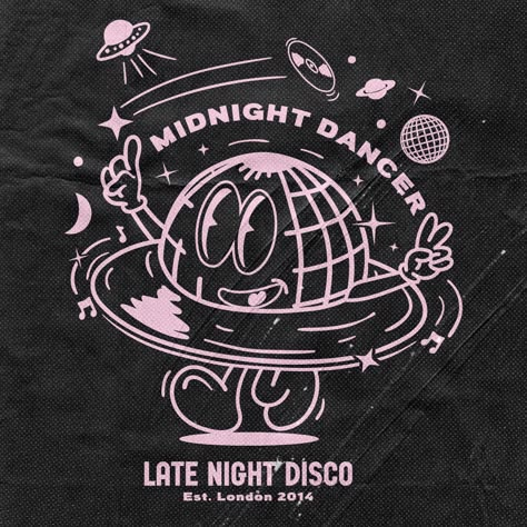 Retro space disco themed mascot character for ‘Late Night Disco’. Disco Ball Logo Design, Disco Logo Design, Night Club Branding, Music Event Logo, Disco Ball Logo, Music Artist Logo, Club Merch Ideas, Disco Branding, Night Club Logo