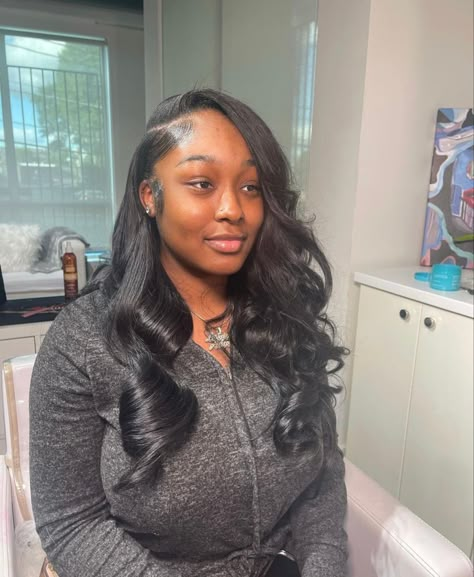 Cute Sew In Hairstyles Side Part, Curled Side Part Sew In, Traditional Side Part Sew In With Leave Out, Right Side Part Sew In Weave, Natural Side Part Quick Weave, Sew In Weave With Leave Out Hairstyles, Natural Leave Out Sew In, Wavy Sew In Weave Side Part, Sew In Leave Out Side Part