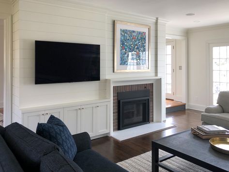 Tv On Left Side Of Fireplace, Fireplace Narrow Living Room, Hidden Tv Next To Fireplace, Off Centered Tv Living Room, Fireplace Next To Tv Built In, Tv On Side Of Fireplace Ideas, Tv Separate Wall From Fireplace, Tv Above Fireplace Small Living Room, Tv Larger Than Fireplace