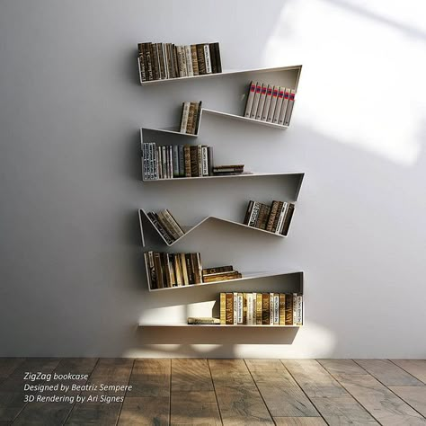 Zig Zag bookcase designed by Beatriz Sempere Small Bookshelf Ideas, Corner Bookshelves, Bookcase Design, Furniture Bookshelves, Home Library Design, Rack Design, Luxury Homes Interior, Wall Racks, House Interior Decor