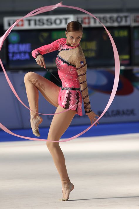 Tjasa Seme of Slovenia performing ribbon routine.  #rhythmic #gymnastics Ribbon Gymnastics, Gymnastics Flexibility, Dangerous Sports, Rhythmic Gymnastic, Acrobatic Gymnastics, Ballet Poses, Gymnastics Dance, Rainbow Magic, Sport Gymnastics