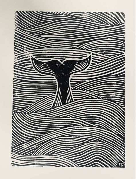 Linocut Abstract Art, Water Drawing Black And White, Printmaking Ideas Design, Whale Lino Print, Abstract Cat Drawing, Linocut Art Ideas Easy, Sea Lino Print, Linocut Pattern Ideas, Lino Print Pattern Ideas