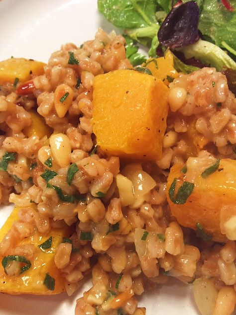 Farro And Butternut Squash Recipes, Farro With Butternut Squash, Recipes With Whole Grain Mustard, Faro And Butternut Squash, Farro And Kale Recipes, Butternut Squash And Farro Recipes, Recipes With Whole Grains, Healthy Grain Side Dishes, Farro Casserole Recipes