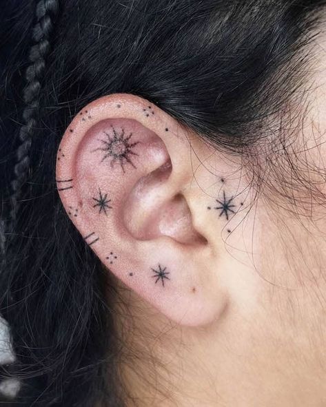 94 Unique Ear Tattoos For Men And Women - Our Mindful Life Weird Unique Tattoos, Simple Ear Tattoos, Men Ear Tattoo, Stick And Poke Hand Tattoos, Star Stick And Poke, Little Stick And Poke Tattoos, Small Ear Tattoos, Stick And Poke Tattoo Ideas Simple, Weird Tattoos Unique