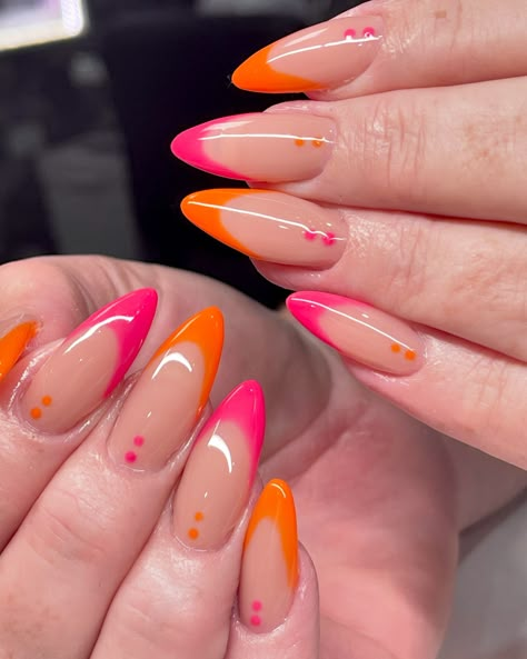 Orange and Pink might be my new favourite combo #gel #gelnails #gelpolish #gelpolishnails #gelnail #gelmanicure #naturalnails #nailartfun #nails #nailsofinstagram #nailstyle #nails💅 #naildesign #nailsnailsnails #nailsonfleek #nailsdesign #nailtech #nailinspo #acylicgel #redcliffe #redcliffenails #nailsbyangex Pink Orange Almond Nails, Pink And Orange Nails Almond, Almond Nails Designs Orange And Pink, Neon Pink And Orange Ombre Nails, Pink Orange Gradient Nails, Design Nails, Orange And Pink, Nails On Fleek, Gel Manicure