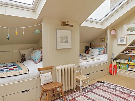 We made the most of every bit of space in this Victorian terraced home and designed cosy built-in cabin beds for our little clients to… | Instagram Box Room Nursery, Kids Attic Bedrooms, Loft Conversion Bedroom, Attic Bed, Workers Cottage, Cabin Beds, Bed Nook, Built In Bed, Cabin Bed