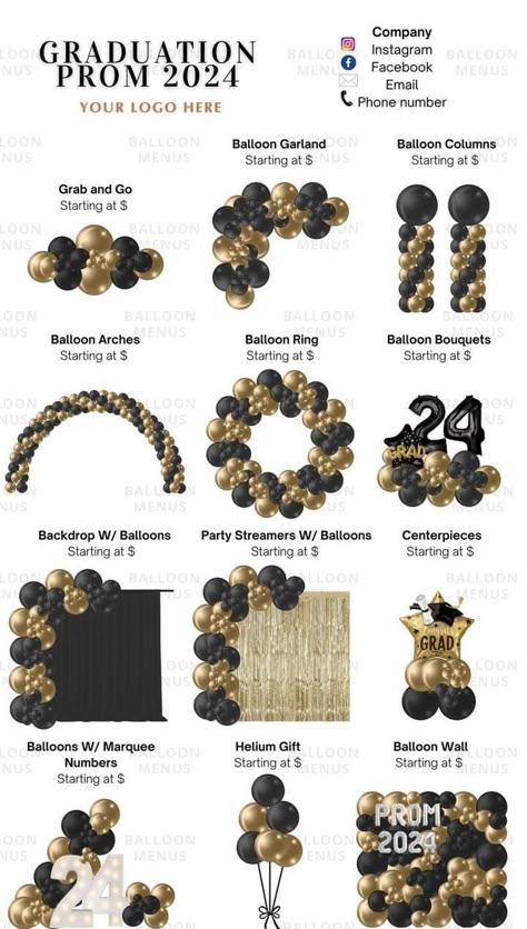 Grad Balloon Arch, Black White And Gold Balloon Columns, Black Gold And Cream Balloon Garland, Black Gold White Balloon Centerpieces, Graduation Decoration Ideas Backdrops, Black Golden Silver Balloon Decoration, 18th Birthday Ideas For Boys, Black Golden Ballons Decoration, Balloon Prices