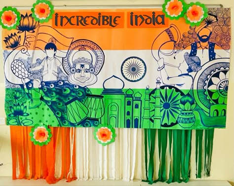 Republic Day Board Decoration Ideas Craft, Independence Day Chart Ideas, Republic Day Bulletin Board Ideas, 26 January Republic Day Decoration Idea, Republic Day Board Decoration Ideas, Republic Day Ideas, Republic Day Decoration, Black Board Decoration, School Decorations Diy