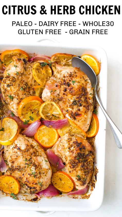 2 tbsp orange juice 1 tbsp lemon juice 1 tsp honey (optional - omit for Whole30) 1 shallot finely diced 4 cloves garlic minced 1/2 tbsp dried oregano 1/2 tsp salt 1/2 tsp pepper 3/4 tsp paprika 4 bone in skin on chicken breasts 2 oranges 1 lemon 4 sprigs fresh thyme 3 sprigs fresh rosemary 1 red onion Citrus Roasted Chicken Whole, Baked Mango Chicken Recipes, Citrus And Herb Chicken, Citrus Main Dish, Whole 30 Chicken Recipes Easy, Herbal Chicken Recipes, Slow Cooker Citrus Chicken, Citrus Baked Chicken, Whole 30 Baked Chicken Recipes