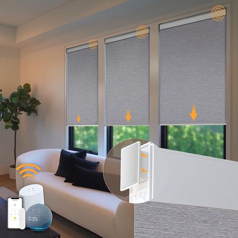 Motorized Blinds No Drill Automatic Blinds for Windows Cordless Roller Shades Electric Blinds with Remote Control Smart Blinds (Grey, 34 x 72) Remote Blinds, Motorized Window Shades, Automatic Blinds, Motorized Roller Shades, Cordless Roller Shade, Dads Room, Smart Blinds, Motorized Shades, Motorized Blinds