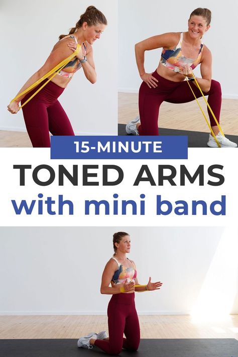 Six of the best resistance band arm exercises that you can do absolutely anywhere! All you need is a mini band to complete this quick, 15-minute resistance band arm workout. This is one of my favorite arm workouts to add onto a run. It's also a great quick and effective upper body workout when you're short on time or traveling. Hit the shoulders, chest, back, bicep and triceps all in just 15 minutes with this banded arm workout! Band Arm Exercises, Band Arm Workout, Mini Band Exercises, Arm Fitness, Arm Workout Videos, Resistant Band Workouts, Resistance Band Arms, Resistance Band Arm Workout, Biceps Training