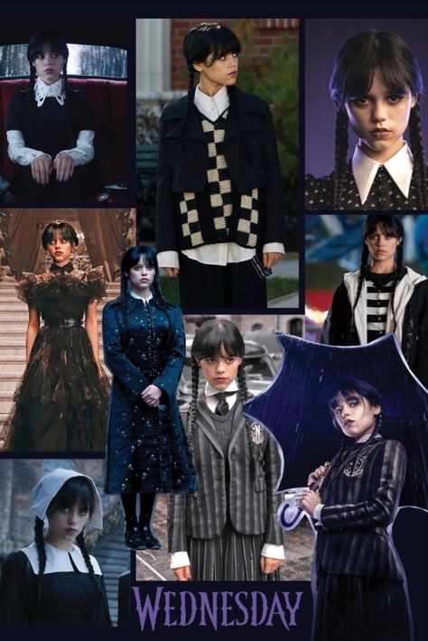 Wednesday Netflix Series Outfits, Netflix Wednesday Addams Outfits, Wednesday Adams Style Outfits, Wednesday Outfit Ideas, Jenna Ortega Style, Cute Costume Ideas, Wednesday Style, Wednesday Addams Outfit, Ideas Disfraz