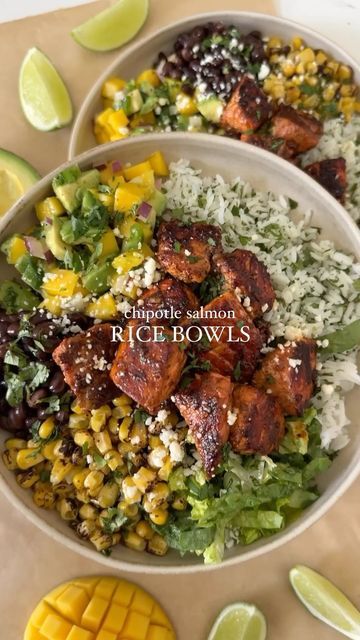 High Calorie Salmon Meals, Salmon Dinner Bowl Recipes, Salmon Chipotle Bowl, Food Recipes High In Protein, Pescatarian Recipes High Protein, Seafood Meal Prep For The Week, Healthy Salmon Dinner Ideas, Low Calorie Pescatarian Meals, Low Calorie High Protein Meals Pescatarian