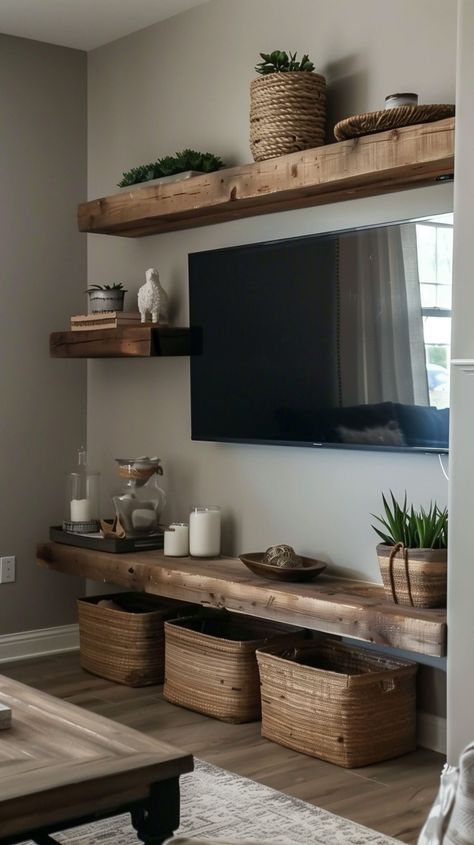 TV Wall Decor Ideas to Elevate Your Living Room - Remodr Floating Shelves Around Mounted Tv, What To Put Under Tv In Bedroom, Under The Tv Ideas, Living Room Ideas Shelves, Under The Tv Decor, Ideas Sala Comedor, Bare Wall Ideas Living Room, Tv Mounted On The Wall In Living Room, Tv On Wall Ideas Living Room