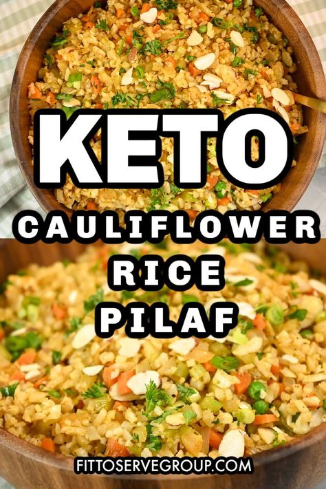 Elevate your meal with this healthy and delicious Cauliflower Pilaf Rice, a perfect side dish that complements any protein you would normally eat with regular rice. Unlike traditional pilaf rice, which sometimes uses pasta along with rice, this recipe is gluten-free, making it a great option for those with dietary restrictions. Cauliflower Rice Side Dishes, Keto Cauliflower Rice Pilaf, Riced Califlower Recipes Sides, Cauliflower Rice Side Dish Recipes, Roasted Cauliflower Rice Recipes, Califlour Rice Recipe, Riced Cauliflower Recipes Healthy, Recipes Using Riced Cauliflower, Cauliflower Pilaf