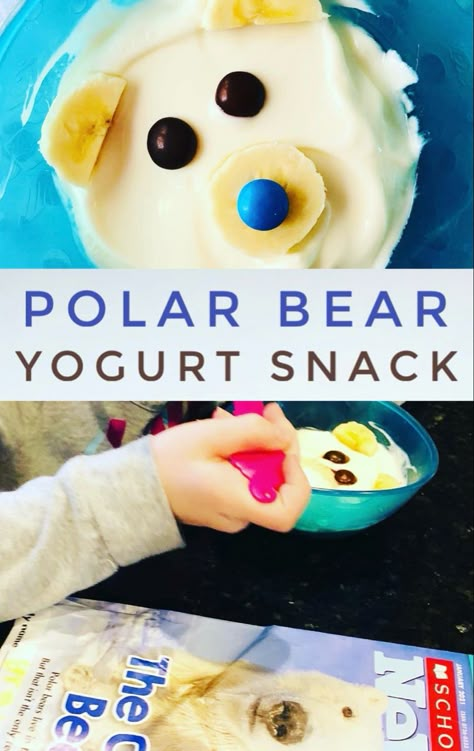 Adorable Polar Bear Yogurt Snack or Breakfast Idea for January Polar Bear Marshmallows, Arctic Animal Snacks For Kids, Artic Snacks For Kids, Polar Bear Snacks For Preschool, Arctic Snacks For Kids, Winter Theme Snacks Preschool, January Cooking Ideas For Kids, Snowflake Snacks For Kids, Polar Bear Snacks For Kids