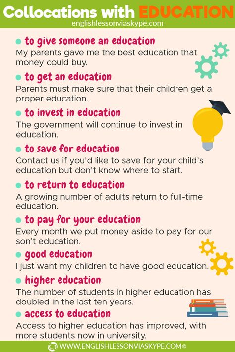 Collocations with Education. Fixed expressions to help you speak English without thinking. www.englishlessonviaskype.com #learnenglish #englishlessons #tienganh #EnglishTeacher #vocabulary #ingles #อังกฤษ #английский #aprenderingles #english #cursodeingles #учианглийский #vocabulário #dicasdeingles #learningenglish #ingilizce #englishgrammar #englishvocabulary #ielts #idiomas English Collocations, Essay Writing Skills, Conversational English, English Vocab, Learn English Grammar, Phrasal Verbs, Good Vocabulary Words, Good Vocabulary, English Writing Skills