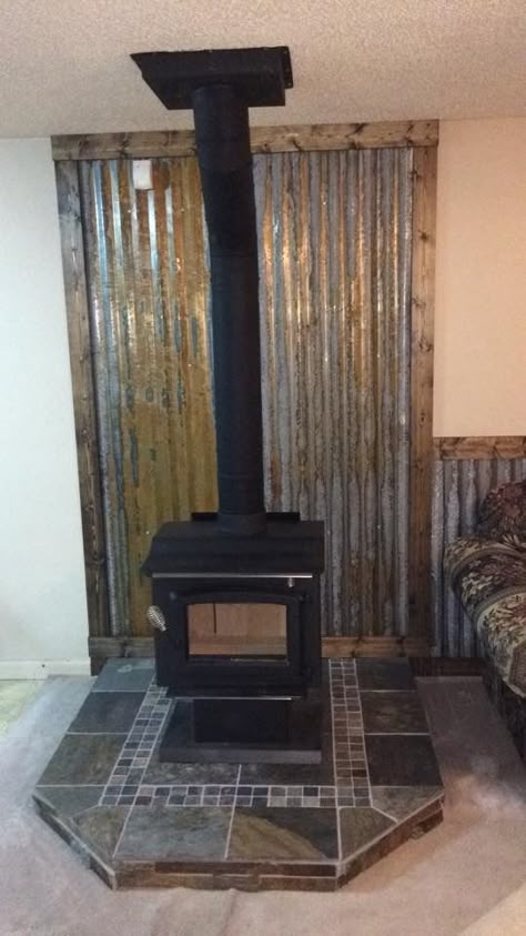 Galvanized Metal Wall Behind Wood Stove, Tin Wall Behind Wood Stove, Corrugated Metal Wood Stove, Corrugated Metal Wall Behind Fireplace, Corrugated Metal Fireplace Surround, Wood Stove Metal Surround, Tin Wood Stove Surround, Corrugated Metal Behind Wood Stove, Tin Fireplace Surround