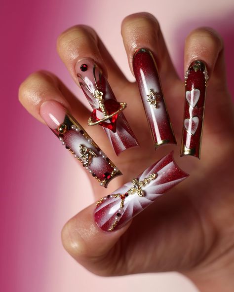 Was attempting to do “lowrider” inspired vday nails, ended up with this ♥️✨ Airbrush lines inspired by @323.cherry… | Instagram Red Rose Nails, Ballet Nails, Valentine Nails, Really Cute Nails, Long Square Acrylic Nails, Unique Acrylic Nails, Bling Acrylic Nails, Gem Nails, Fake Nail