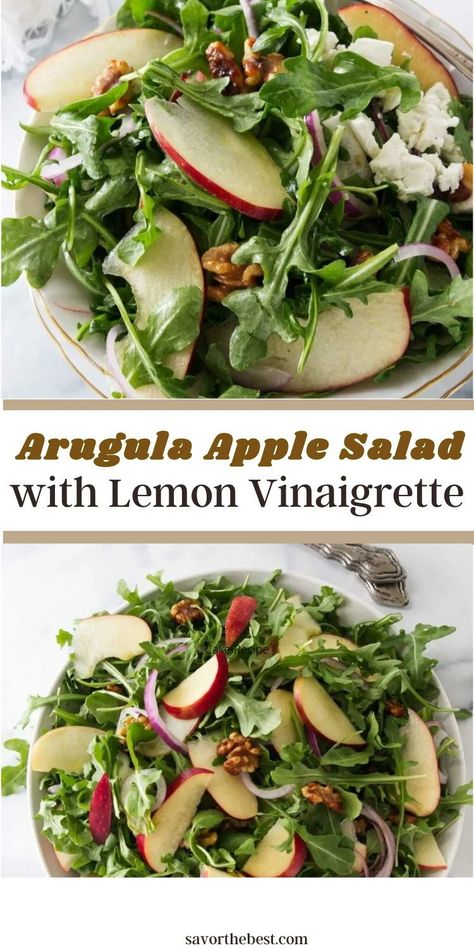 Our Arugula apple salad is a delicious mix of sweet apple, peppery arugula, fresh red onions and, candied walnuts or pecans. Topped with a sweet and tangy vinaigrette, this simple arugula salad is the perfect “anytime” salad recipe that is a breeze to pull together! Arugula Apple Salad, Creamy Lemon Vinaigrette, Simple Arugula Salad, Green Apple Salad, Recipes With Apples, Salad With Lemon Vinaigrette, Apple Walnut Salad, Arugula Recipes, Arugula Salad Recipes