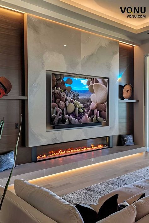 Contemporary Media Wall With Stone Surround Modern Tv Wall With Fireplace, Contemporary Media Wall, Electric Fireplace Ideas Living Rooms, Inset Lighting, Wall Fireplace Ideas, Tv Wall Design With Fireplace, Media Wall With Fireplace, Fire Place Tv, Wall With Fireplace