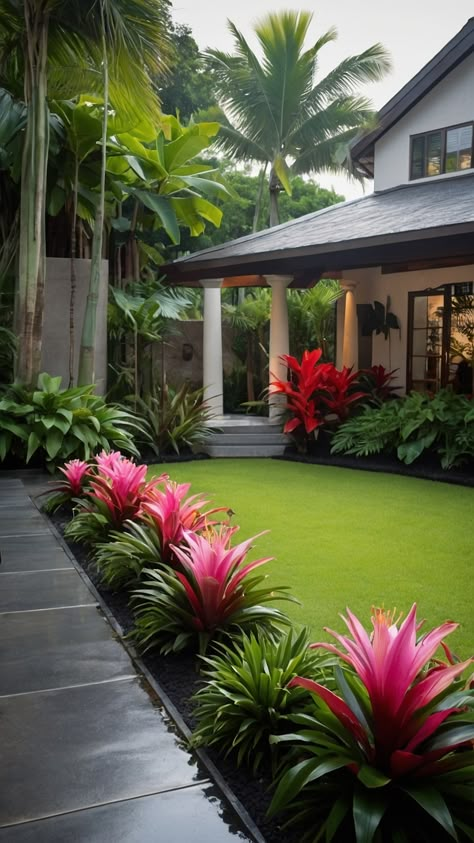 Discover the perfect tropical landscape design incorporating modern and Balinese garden ideas plans for backyard and front yard entrance styles small and full sun spaces Get inspired with our collection of minimalist lush and innovative designs for your outdoor oasis Backyard Privacy Ideas Landscapes, Modern Tropical Landscape Design, Landscape Ideas Florida, Tropical Hedge, Tropical Landscape Front Yard, Texas Backyard Ideas, Rock Landscaping Ideas Front Yard, South Florida Landscaping Ideas, Tropical Landscape Ideas