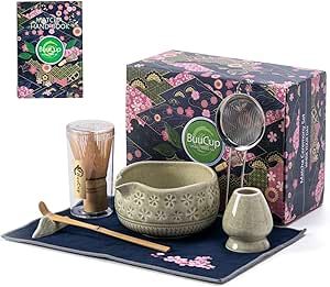 Buucup Matcha Whisk Set, Ceramic Matcha Set Includes Matcha Bowl, Matcha Whisk and Holder, Bamboo Scoop, Scoop Rest, Sifter and Tea Towel - 7 Pcs Matcha Kit for Matcha Lovers (Mottled Green) Matcha Lifestyle, Matcha Kit, Pink Matcha, Spring Cherry Blossoms, Coffee Tools, Environmentally Friendly Living, Matcha Whisk, Matcha Set, Japanese Tea Ceremony