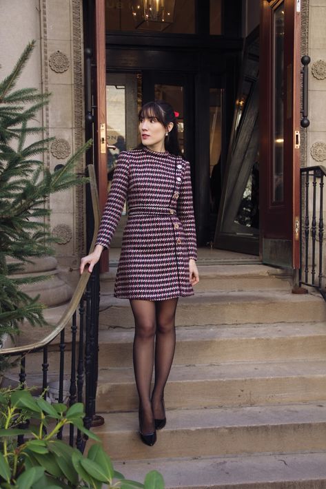 Carolina Pinglo: Tweed dress Pantyhose With Dress, Tweed Dress Outfit Classy, Tweed Dress Winter, Tweed Outfit Women, Tweed Dress Outfit, Carolina Pinglo, Tweed Dresses, Tweed Outfit, Toronto Fashion