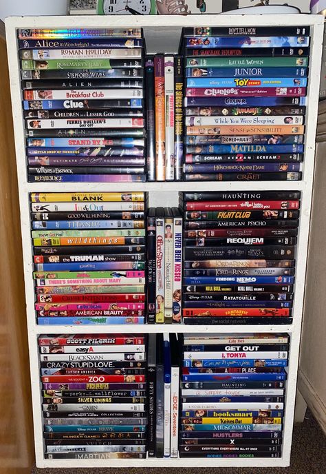 Dvd Collection Aesthetic, Copy Aesthetic, Disney Dvd Collection, Luxury Life Goals, Movie Storage, Movie Shelf, Display Collections, Drunk Party, Movie Suggestions