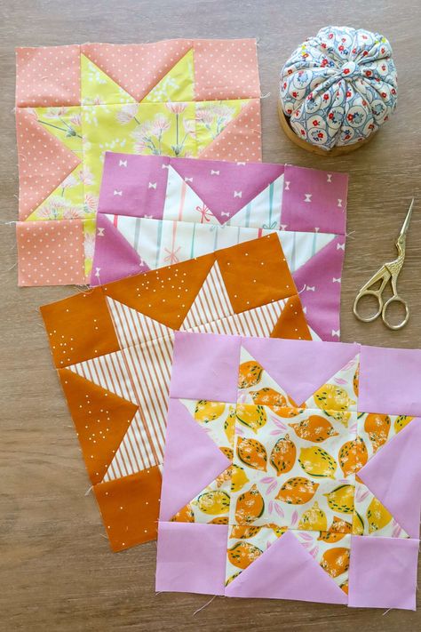 Create an 8" finished Sawtooth Star quilt block with this free PDF download. Perfect for a scrappy project like a quilt or a bag. Add or subtract stars to make a bed or a baby size quilt with these blocks. Wild Starflower Quilt, Double Sawtooth Star Quilt Pattern, Hst Star Block, Simple Quilt Squares Patterns, Beginner Quilt Squares, Beginner Patchwork Quilt, Easy Quilt Block Patterns Free, 9 Block Quilt Patterns, Mini Quilts Patterns Free