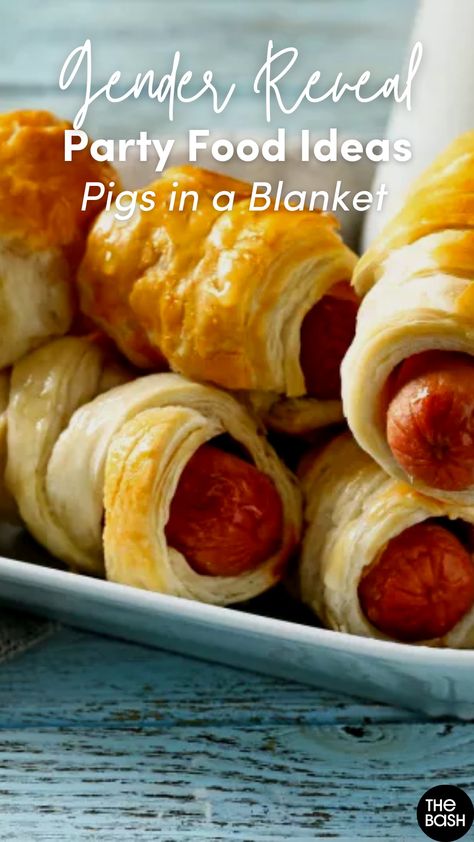 Celebrate new beginnings with family and friends by jumping on the trend with these unique gender reveal party ideas like a Pigs in a Blanket!🍼 Click here for more ideas!🎉 #thebash #genderreveal #genderrevealpartyideas #fallgenderrevealideas #simplegenderreveal #halloweengenderrevealideas #genderrevealfood #genderrevealannouncementideas #genderrevealthemeideas #genderrevealdrinks #genderrevealdecorations #babyshower #genderrevalparty #newmom #genderrevealpartygames #partygames #pigsinablanket Boots Or Bows Gender Reveal Food Ideas, Finger Foods For Gender Reveal Party, Baby Gender Reveal Party Ideas Food, Gender Reveal Appetizer Ideas, Gender Reveal Dinner Ideas, Food For Gender Reveal, Gender Reveal Ideas For Party Food, Gender Reveal Appetizers, Gender Reveal Foods