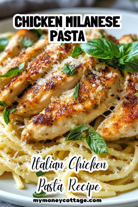 Indulge in the crispy and flavorful delight of Chicken Milanese Pasta with this classic Italian recipe! Breaded and pan-fried chicken cutlets, paired with al dente pasta and a light, zesty sauce, create a dish that's both elegant and comforting. Perfect for a special dinner or a family meal, this recipe is sure to impress. Enjoy the taste of Italy! 🍝🇮🇹 #ChickenMilanese #ItalianPasta #CrispyDelight #ComfortFood #DinnerIdeas #ItalianChickenPastaRecipes #MilanesePasta #ItalianRecipes #PastaRecipes Chicken Carbonara Pasta, Chicken Piccata Pasta, Italian Chicken Pasta Recipes, Milanese Recipe, Italian Chicken Pasta, Chicken Cutlet Recipes, Chicken Milanese, Breaded Chicken Cutlets, Chicken Sauce Recipes