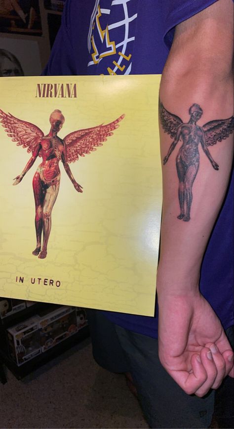 Nirvana In Utero Tattoo Outline, Inutero Nirvana Tattoo, Nirvana Angel Tattoo, Nirvana Logo Tattoo, Nirvana Sketch, Nirvana In Utero Tattoo, The View From Halfway Down Tattoo, Grudge Tattoos, Nirvana Tattoo Ideas