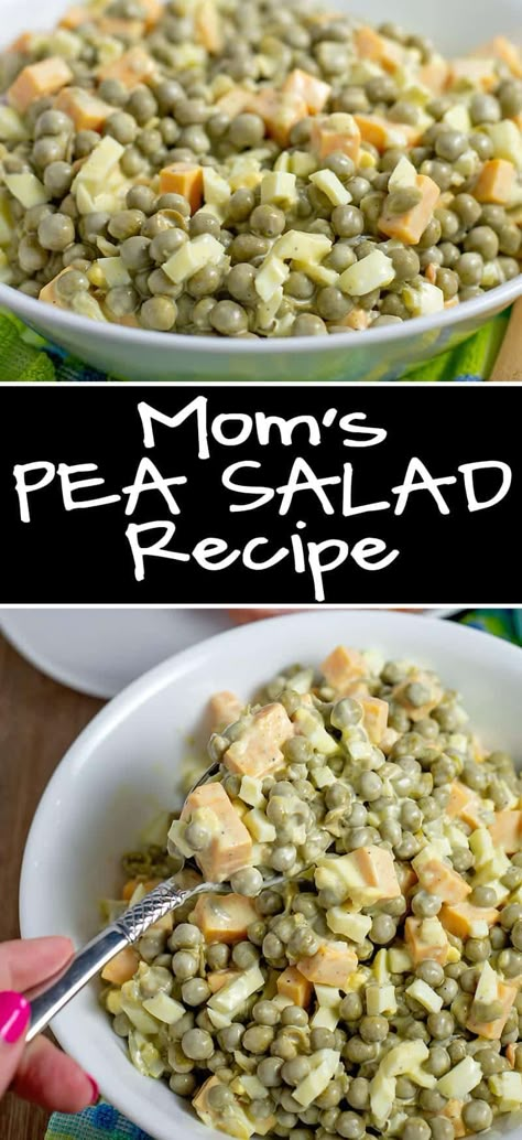 This classic pea salad recipe is just like mom used to make. It's perfect with ham and great at potlucks.  Made with just a few ingredients: peas ham, cheese, onion and Mayo; it's always a hit. Classic Pea Salad, Cold Pea Salad, English Pea Salad, Pea Salad Recipes, Creamy Peas, English Peas, Ham Salad, Pea Salad, Pea Recipes