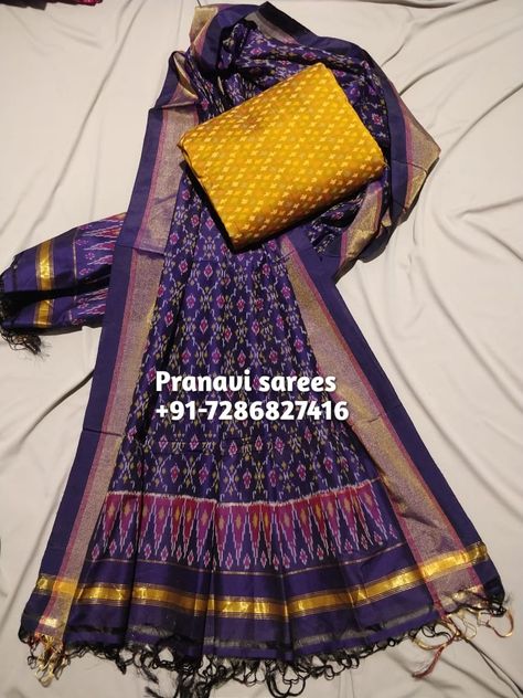 Ikkat Silk Dresses, Blue Crop Top Lehenga, Top With Dupatta, Top Lehenga, Ikkat Dress Materials, Silk Outfits, Ikkat Dresses, Cotton Silk Dress, Crop Top Lehenga