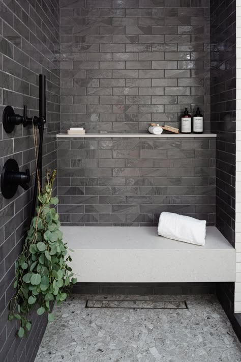 Hollywood — DMAR Interiors Small Black Tile Shower Ideas, Tile Shower With Niche And Bench, Master Bath Showers Walk In, Slate Gray Shower Tile, Master Shower Walk In, Manly Shower Tile, Stand Up Shower Ideas With Bench, Black Shower With Bench, Dark Shower Floor Light Walls