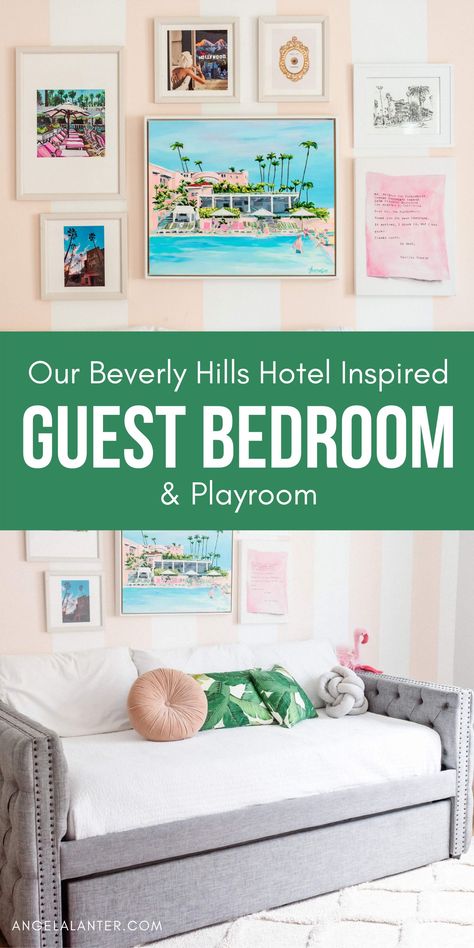 Playroom and Guest Room Combo. Ideas to organize kid's toys, save space and have an awesome room for our guests. Decoration inspired in Beverly Hills Hotel. "Press for Champagne" button included. Angela Lanter #AngelaLanter Playroom And Guest Room Combo Ideas, Guest And Playroom Combo, Spare Room Playroom Combo, Guestroom Playroom Combo Room Ideas, Guest Playroom Combo, Guest Room And Playroom Combo, Kids Bedroom Playroom Combo, Guest Playroom, Nursery And Playroom Combo