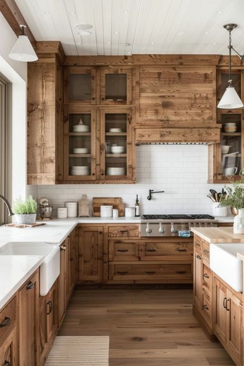 Kitchen Ideas Brown Cabinets, Farmhouse Kitchen Wood Cabinets, Mountain Home Kitchen, Alder Kitchen Cabinets, Modern Rustic Kitchen, Wooden Kitchen Cabinets, Rustic Kitchen Cabinets, Rustic Modern Kitchen, Rustic Kitchen Design