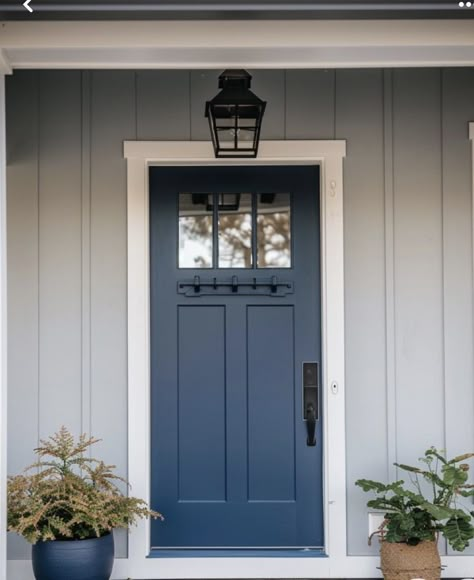 Steel Blue Front Door, Accent Front Door Color Grey House, Front Door Exterior Entrance Ideas, Grey House Blue Door, Blue Doors Front Entrance, Dark Blue Front Door, Blue Front Door Colors, Blue Door House, Blue Exterior House Colors