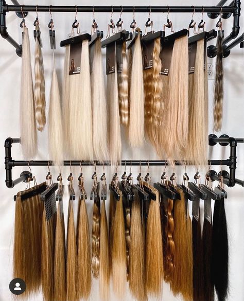 Wigs Storage Ideas, Hair Extensions Clips, Clips In Hair, Hairstylist Branding, Hair Extension Salon, Hair Salon Design, Human Hair Pieces, Hair Extension Shop, Hair Salon Interior