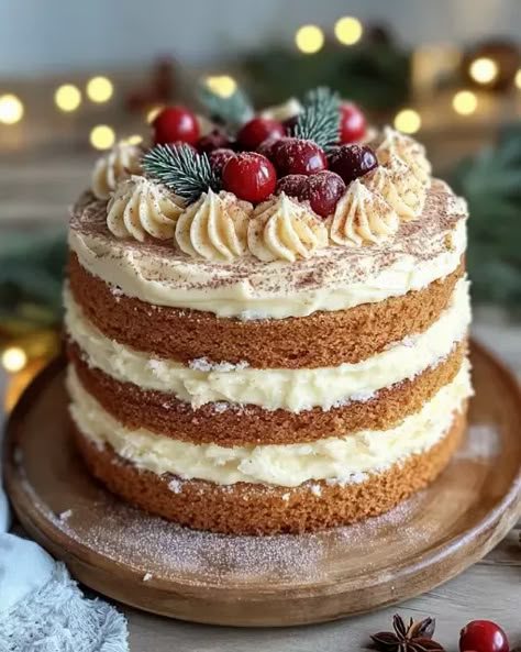 Spiced Cake With Eggnog Buttercream, Christmas Spice Cake Eggnog Buttercream, Spice Cake With Eggnog Buttercream, Spice Cake Eggnog Buttercream, Christmas Spice Cake Recipes, Eggnog Spice Cake, Gingerbread Cake With Eggnog Frosting, Winter Cakes Recipes, Christmas Cake Decorated