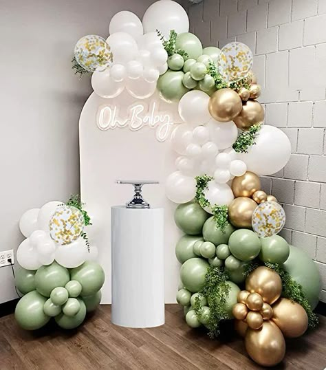 Sage Baby Shower Ideas, Sage Green Baby Shower Ideas, Sage Green Balloon Arch, Balloon With Ribbon, Sage Green Balloon Garland, Peach Balloons, Green Balloon Arch, Gold Baby Shower Cake, Sage Green Balloons