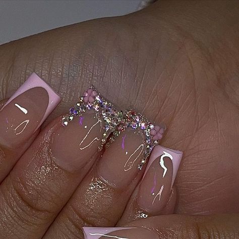 Enny’s Glamroom 💖 on Instagram: "baby pink with bling shorties 💕💕🎀" Short Acrylic Bling Nails Ideas, Pink French With Diamonds, Shorties Inspo Nails, Bedazzled Short Nails, Short Square Bling Nails, Unique Pink Nails, Baby Pink Sparkly Nails, Short Nails With Bling, Short Pink Birthday Nails