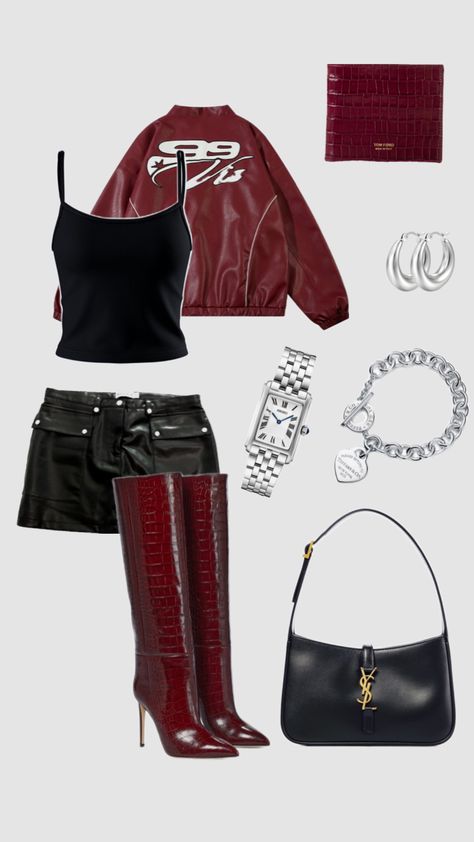 Cute concert outfit inspo #outfitinspo #inspo #red #boots #wallet #ysl #black #leatherjacket Concert Outfit Moodboard, Classic Concert Outfit Night, Xavier Wulf Concert Outfits, Miss Possessive Tour Outfits, Shawn Mendes Concert Outfit Ideas, Latin Mafia Concert Outfit, Baddie Night Out, Coldplay Outfit Inspo Concert, Zayn Concert Outfit Ideas