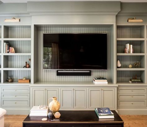 Tv Wall Built In Ideas Bedroom, Tv Built Ins Entertainment Center, Console Built In, Tv Wall Built In Shelves, Built In With Cabinets And Shelves, Custom Built In Tv Wall Unit, Built Ins On Wall With Door, Built In Bookshelf Entertainment Center, Tv With Built Ins