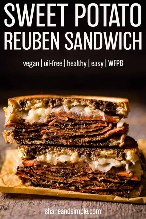 Sweet Potato Reuben Sandwich (Vegan) - Shane & Simple Vegan Reuben Sandwich Tofu, Vegetarian Rueben Sandwich, Sweet Potato Sandwich Recipes, Vegan Rueben Sandwich, Vegan Corned Beef Tofu, Vegan Hot Sandwiches, Vegetarian Reuben Sandwich, Sweet Simple Vegan, Vegan Cuban Sandwich